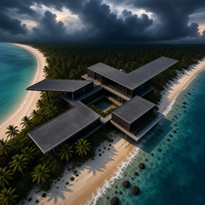 Modern building complex on a curved shore flanked by palms and turquoise water beneath heavy dark clouds.