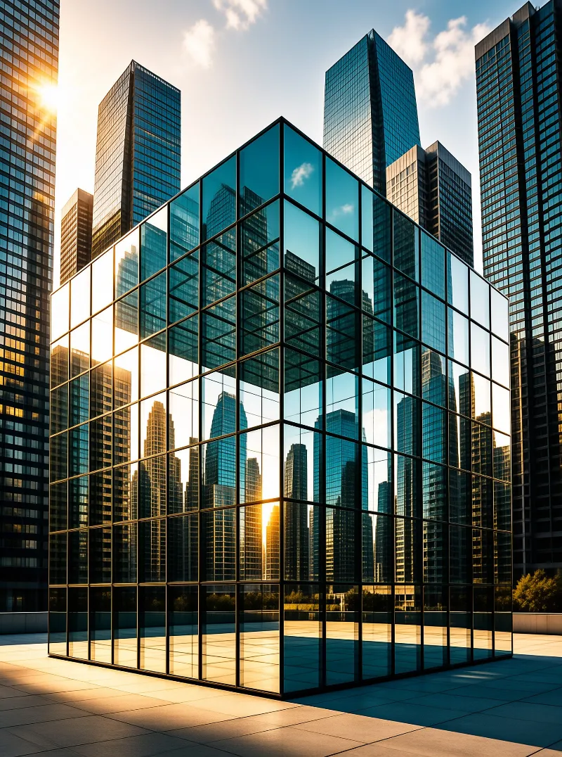 A transparent glass pavilion reflects surrounding skyscrapers on a paved plaza during golden hour light.