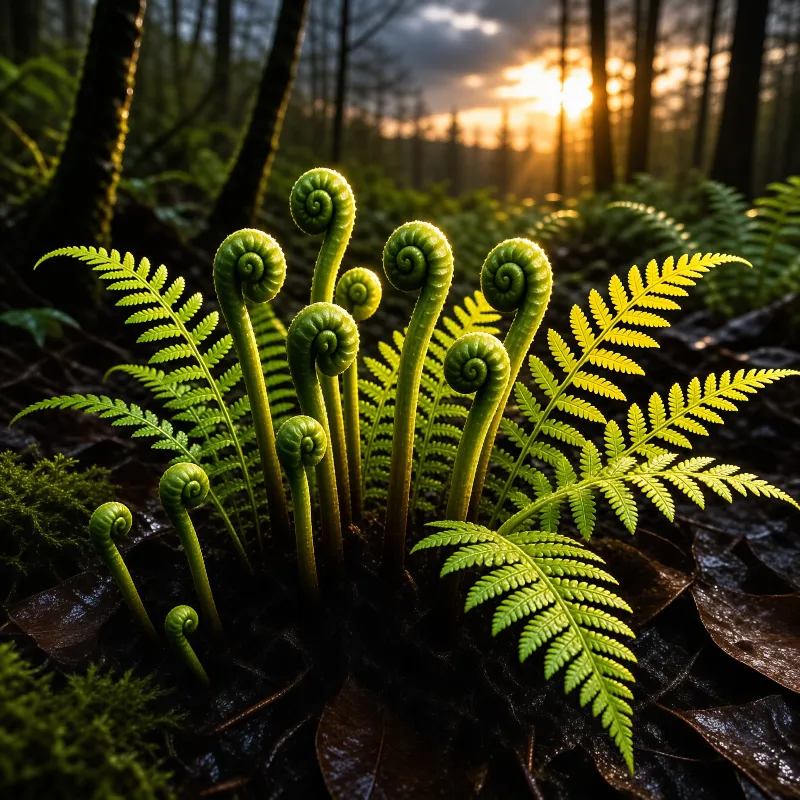 Fresh fern fiddleheads emerging from damp soil while warm golden morning sunlight filters through distant trees.