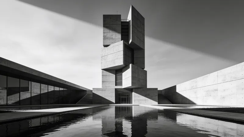 Tower with Brutalist Massing — Reflecting Pool