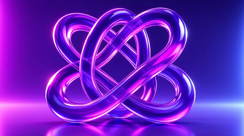 Shiny interwoven loops form an abstract violet object resting on a reflective gradient surface.