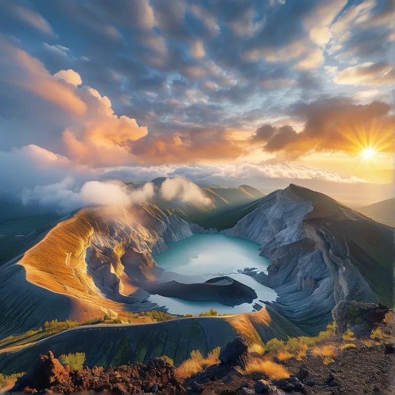 Sunlit Volcanic Crater Lake