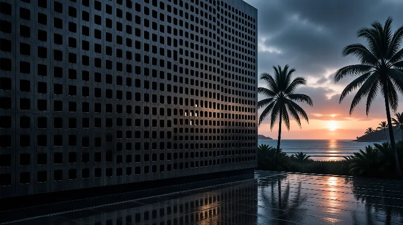 A tall concrete wall punched with square openings stands beside palms as the sun sets over a calm sea.