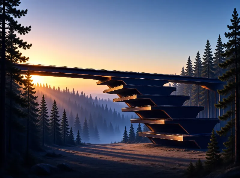 A multi-tiered bridge extends over a foggy pine forest as the sun rises, casting warm light across the landscape.