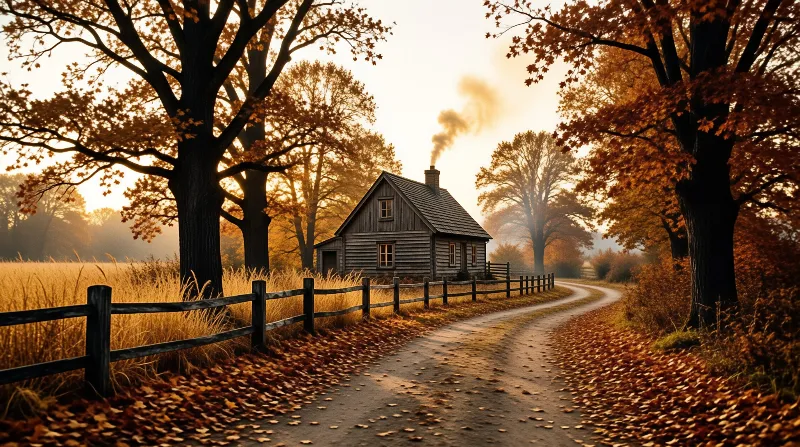 A rustic log cabin with smoking chimney sits by a curving dirt road lined with a dark fence and orange autumn trees.