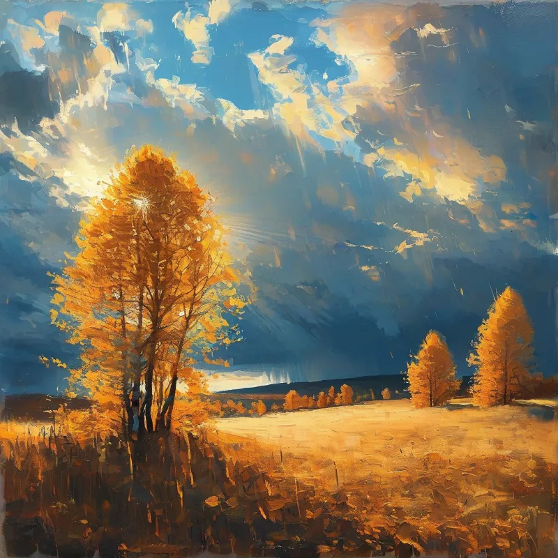 Autumn trees glow in a field beneath a blue sky where bright sunlight streams through clouds.
