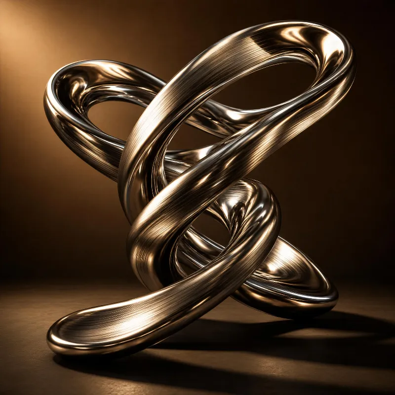 A shiny, intertwined metallic knot sculpture set against a dark, warm-toned background with soft golden lighting creating reflections on its smooth surface.