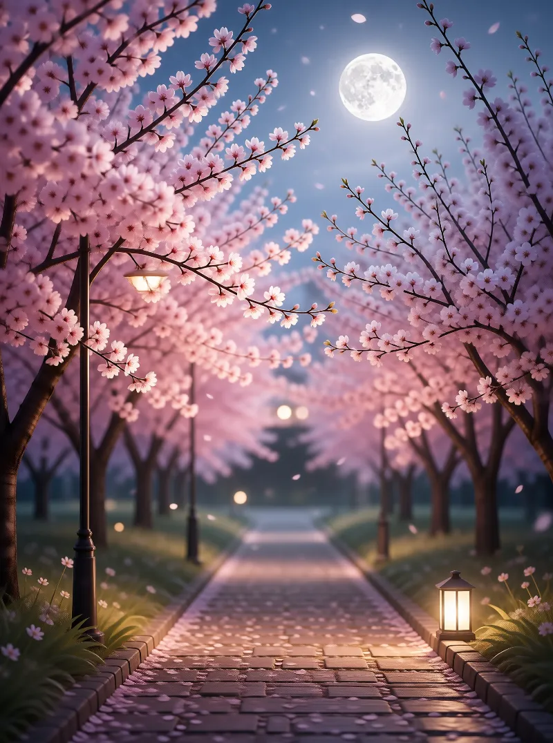 Cherry Blossom Night Path