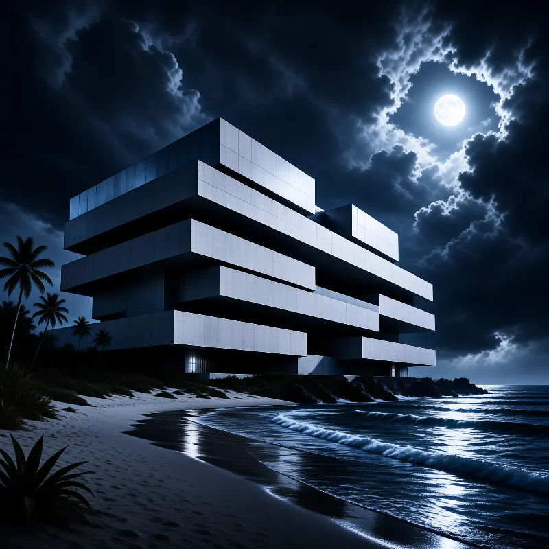 A large white modern building with stacked rectangular floors sits on a sandy beach at night while palm trees stand in the background and the full moon shines brightly in the dark cloudy sky casting light on the ocean waves lapping against the shore.