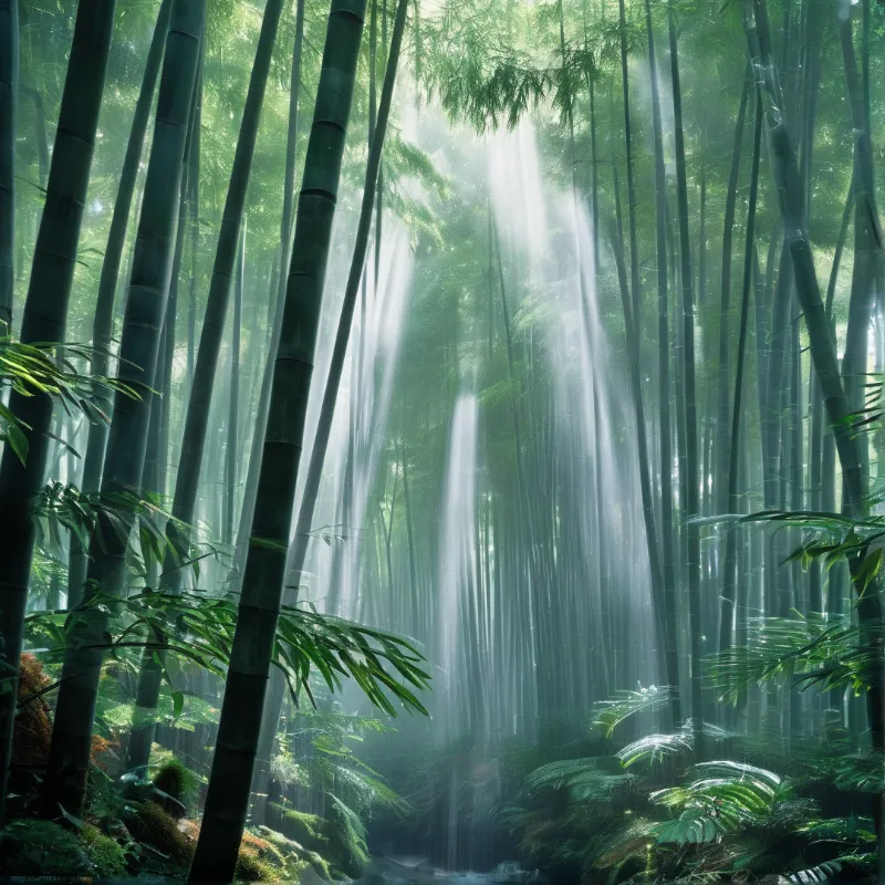 Tall green bamboo stalks stand vertically while bright beams of sunlight filter down through the misty forest canopy.