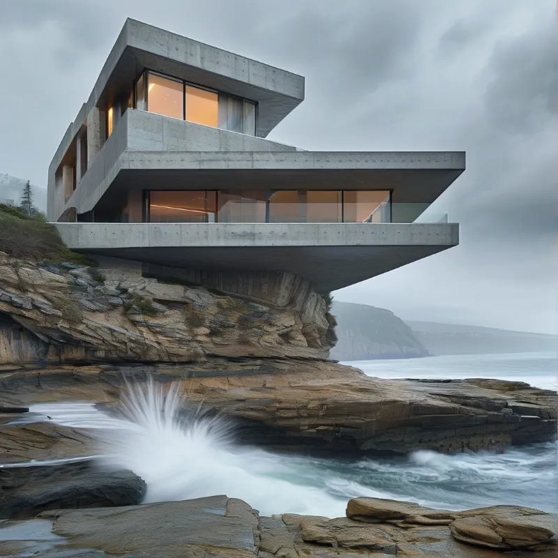 Multi level architecture perched above turbulent sea waters featuring warm interior illumination.