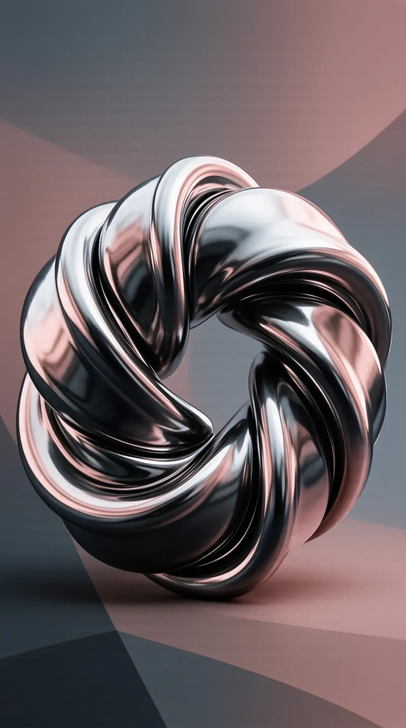 A polished chrome sculpture twists into a ring shape, catching rosy highlights against a muted pink and gray backdrop.