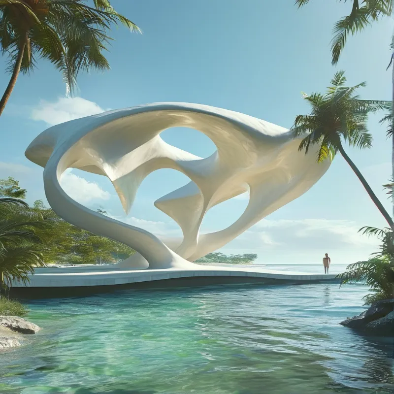 A pale concrete canopy with open curved eyes rises over turquoise water, framed by leaning palms and a bright tropical sky