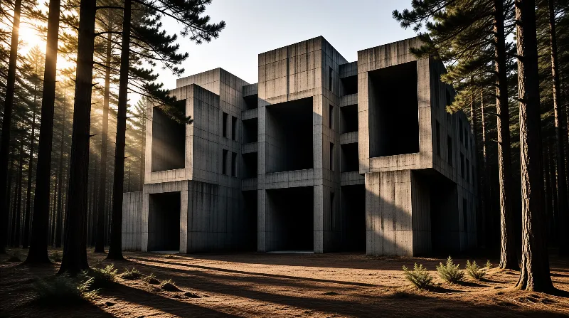 Cubic grey blocks with wide dark openings sit among tall trunks as golden sunlight rakes across the needles