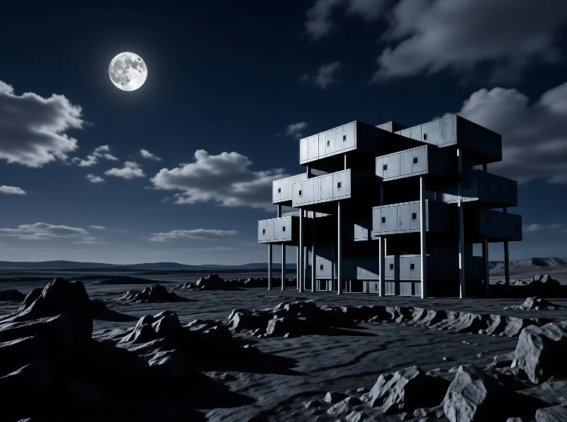 A massive geometric concrete building rests on tall pillars in a desolate rocky wasteland under the glow of a full moon.