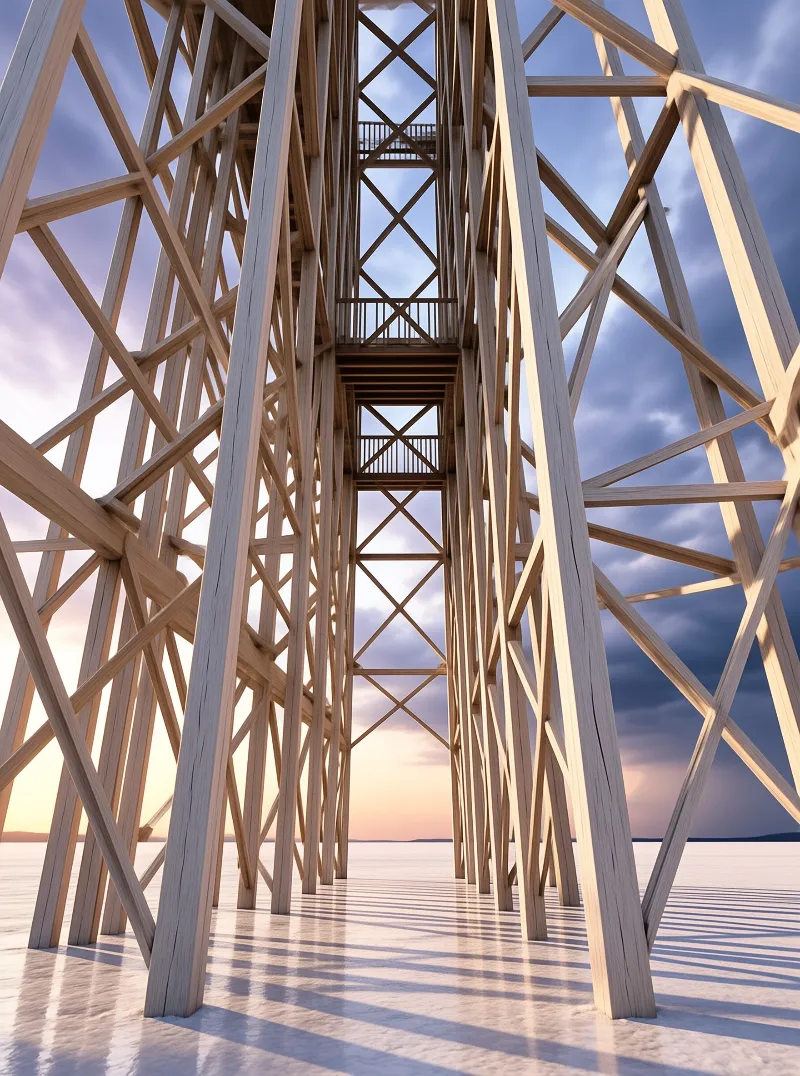 A soaring lattice of pale timber beams rises overhead above a salt flat against a sunset storm sky.