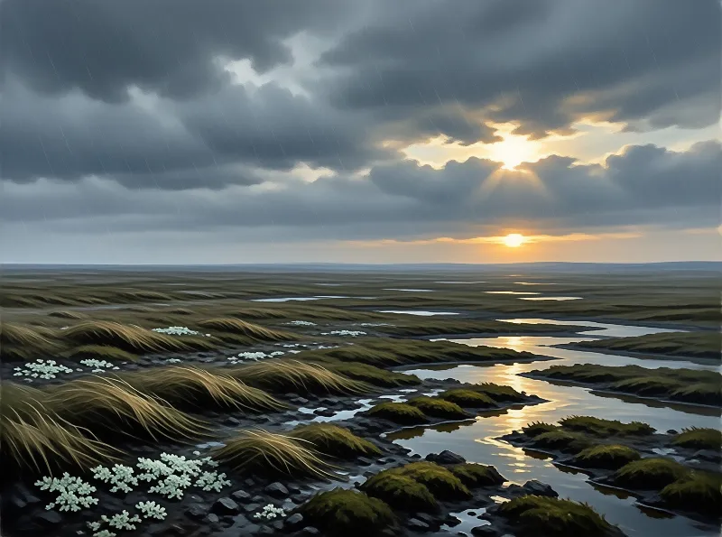 A winding stream cuts through a grassy bog while golden sunlight breaks through heavy rain clouds reflecting on water.