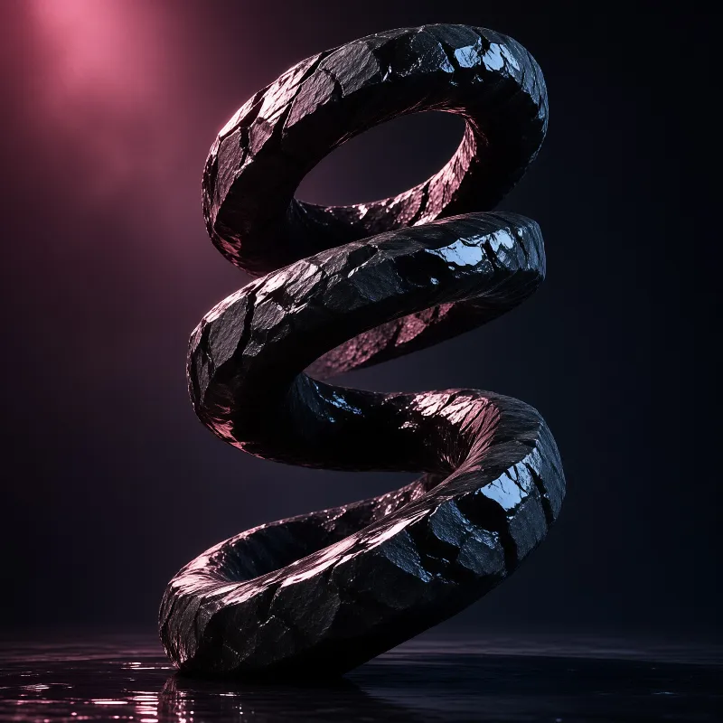 A twisted dark stone spiral sculpture stands on a reflective surface illuminated by pink and blue lighting.