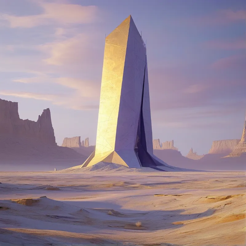 A tall angular stone monolith with a dark vertical cleft stands in a barren desert under a soft pink and lavender sky.