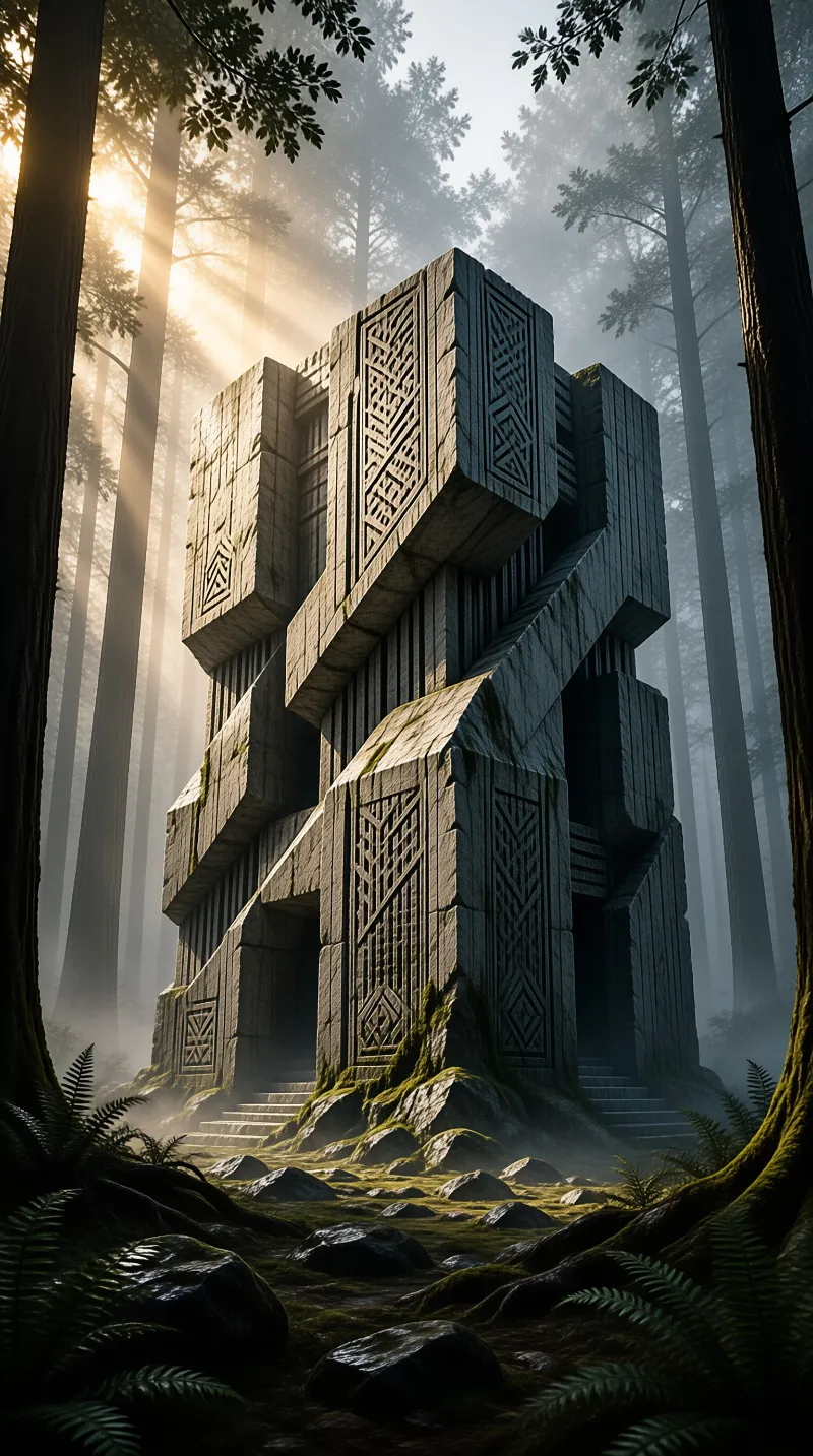 An ancient stone structure featuring geometric carvings rises from a mossy forest floor illuminated by golden sunbeams.