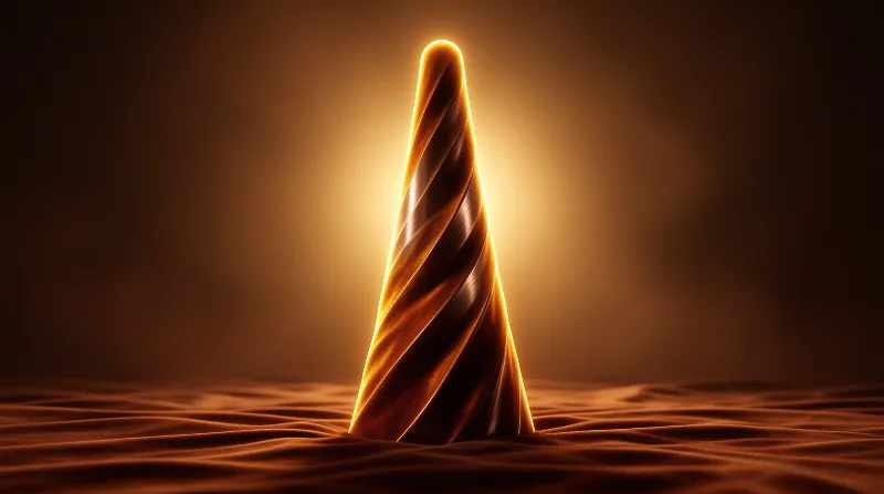 A luminous cone wrapped in twisted bands rises from smooth dunes under a soft amber glow.
