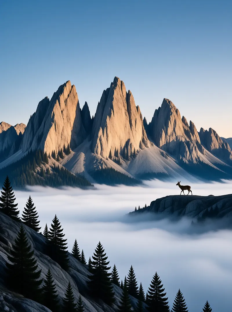 A single deer stands on a rocky promontory above a sea of clouds with sunlit mountain peaks in the background.