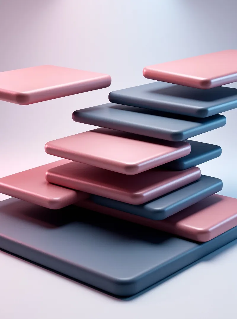 Rectangular slabs in pink and blue are arranged in a staggered stack against a soft gradient background with smooth lighting.
