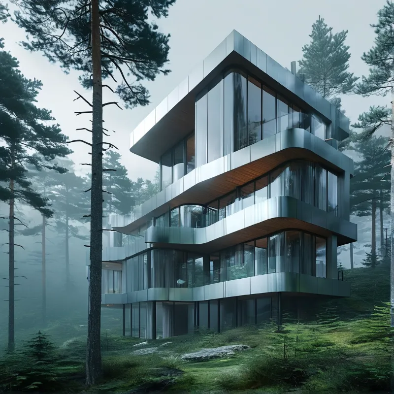 A curving residential tower with layered glass terraces rises above fog filled pine woodland.