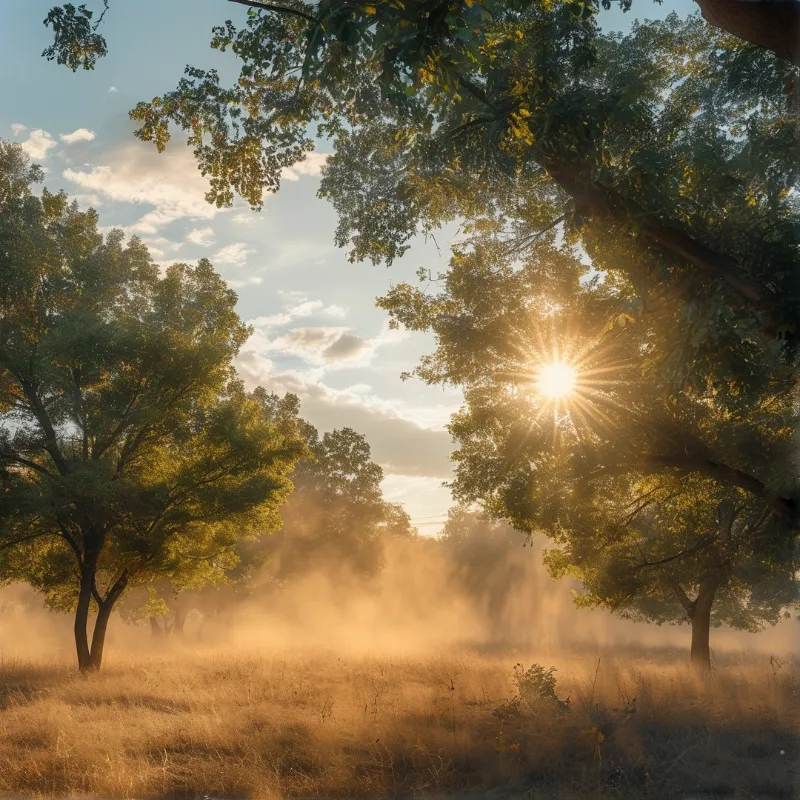 Golden morning sun flares through leafy branches above a field wrapped in soft warm mist
