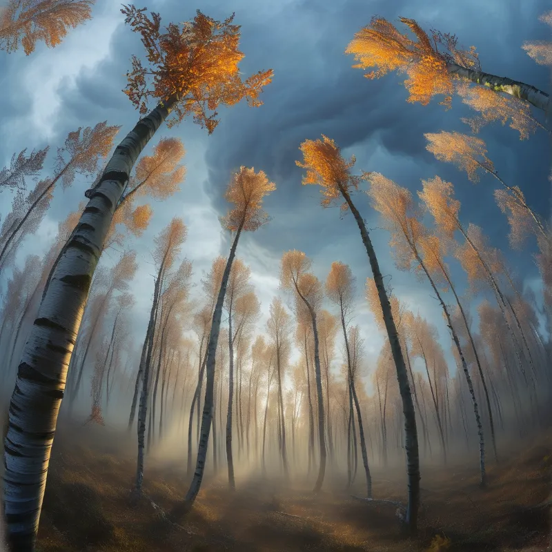 Birch trees with orange foliage stand in a misty forest under a dramatic sky with sunlight breaking through