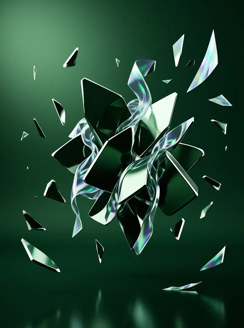 Shattered pieces of iridescent glass float against a dark green gradient background with sharp reflections.