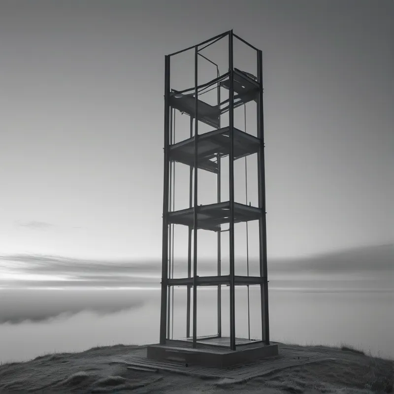 A tall skeletal framework stands on a grassy ridge, silhouetted against a wide horizon of rolling clouds.