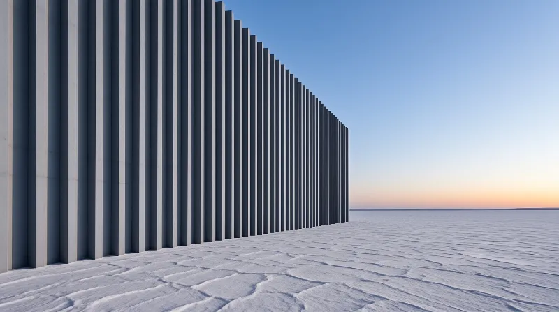 A stepped wall of vertical concrete fins stands on a cracked white salt flat beneath a blue sky with orange sunset light.
