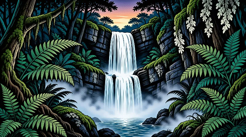 A tall waterfall pours down dark rocky cliffs surrounded by green ferns under a colorful sky.