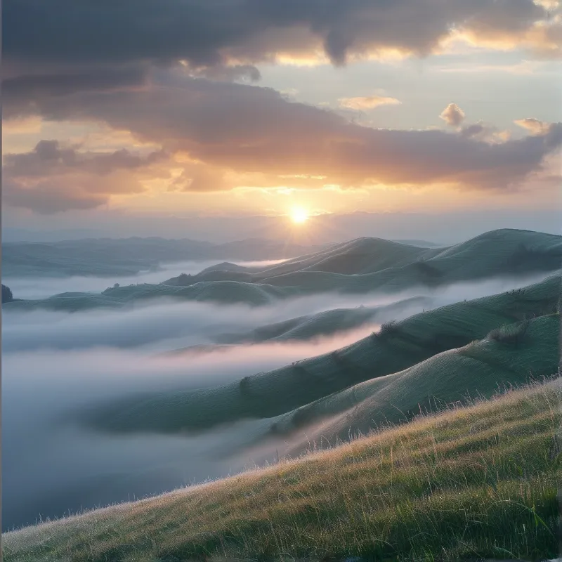 Green ridgelines layered with drifting mist meet a low sun breaking through soft dawn clouds