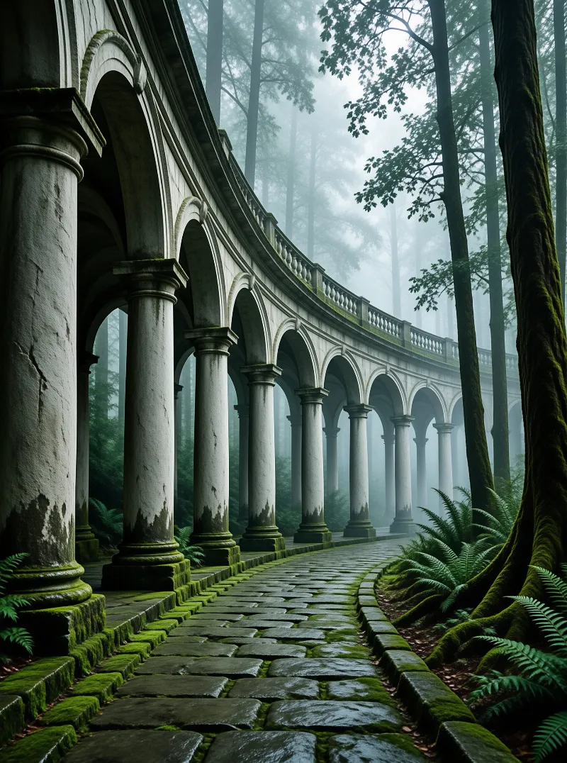 A weathered stone arcade curves through a dense woodland covered in heavy fog and green moss.