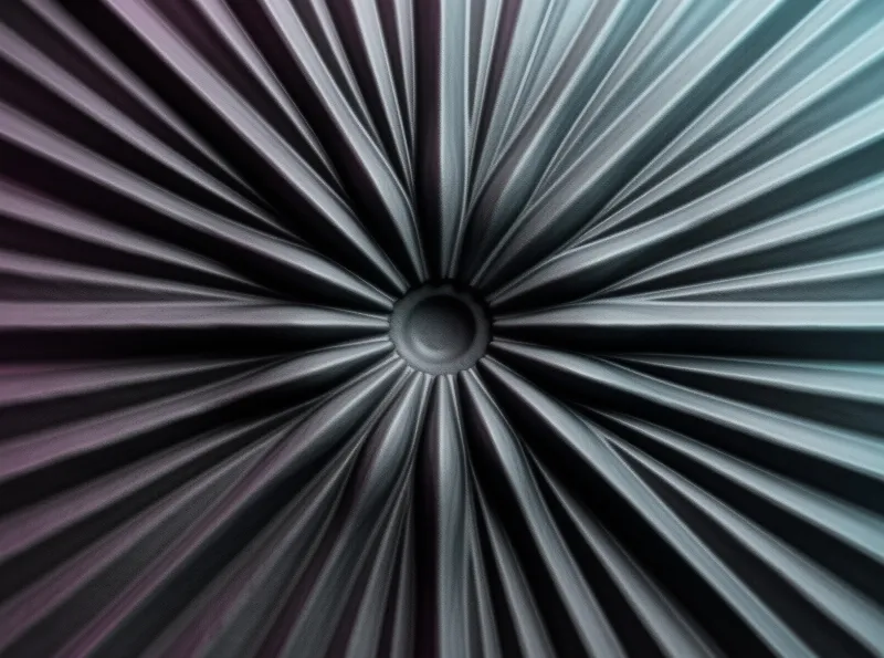 Central metallic hub surrounded by sharp radial blades with purple tones on the left and cool blue tones on the right