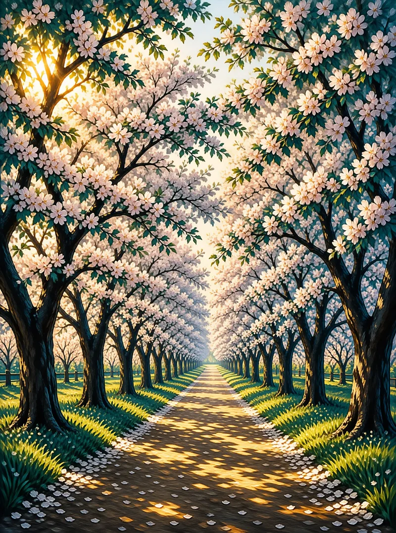 Rows of pale pink flowering trees arch over a sun-dappled country lane edged with fresh green grass and fallen petals