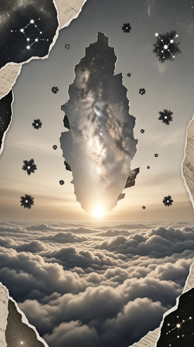 A vertical strip of the Milky Way floats above a sea of clouds illuminated by a rising sun near the horizon.