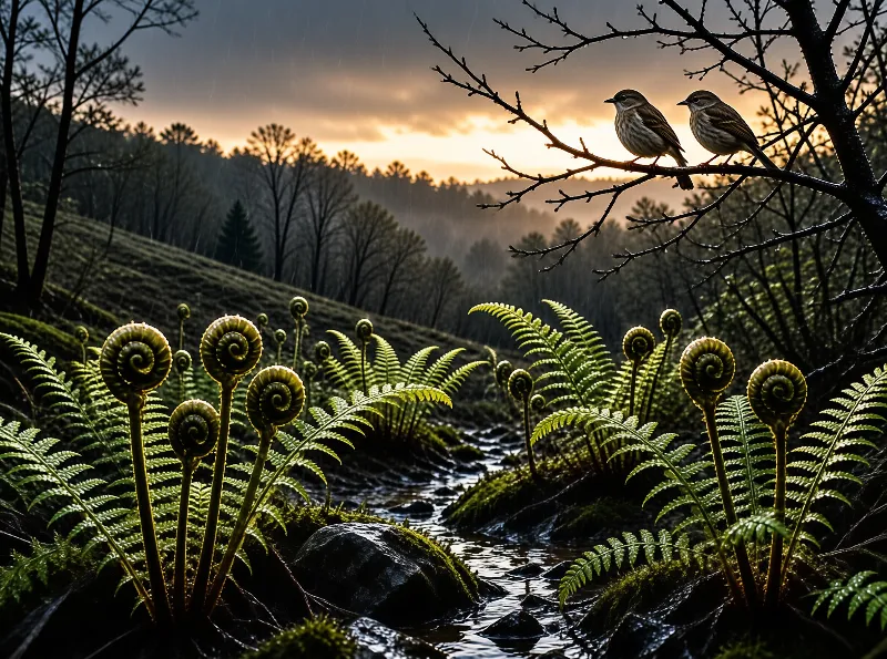 Backlit young fern fronds line a wet hill stream while two small birds perch on a bare branch at dusk.