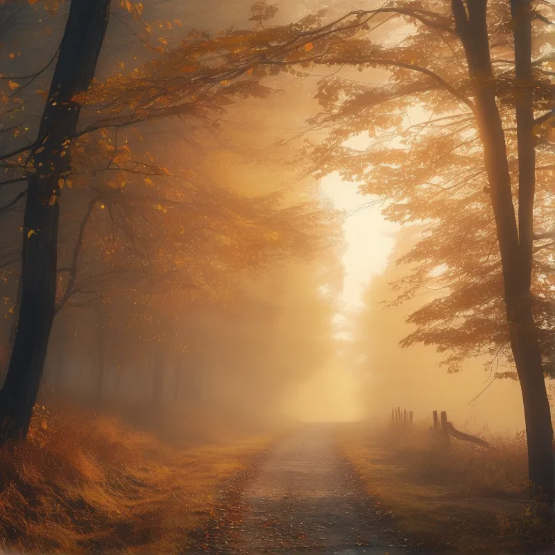 Misty Forest Path at Sunrise