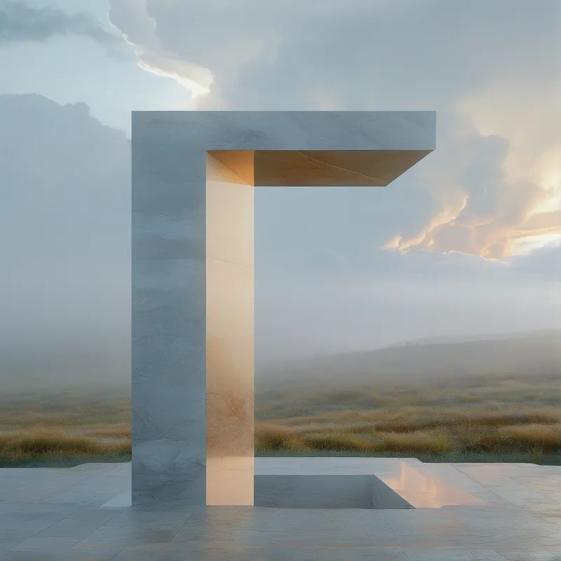 A massive concrete beam rises from a paved base in a misty grassy landscape with warm light hitting its inner edge.