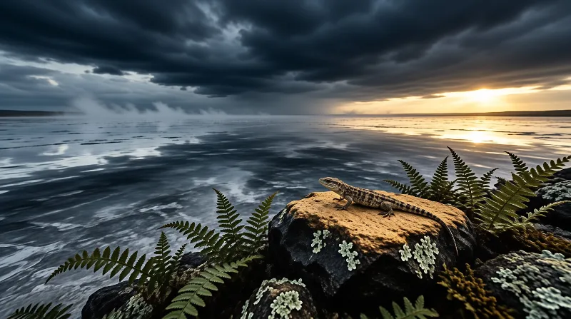 A small patterned lizard rests on a sun-warmed boulder among ferns as dark cloud rolls over a steaming lake.