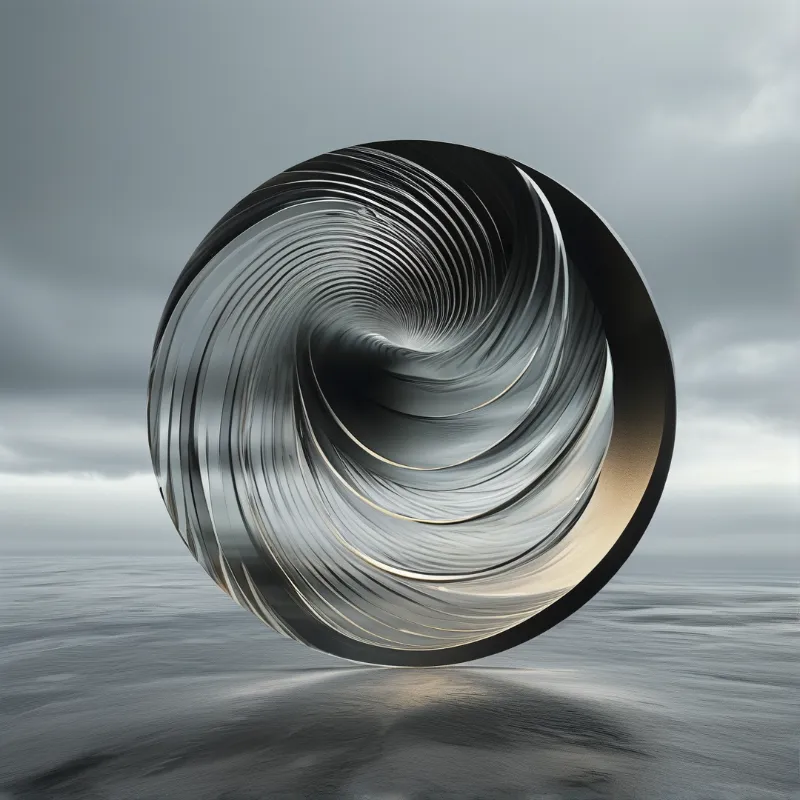 A dark edged sphere with alternating silver and black swirling bands hovers just above still grey water under a cloudy sky