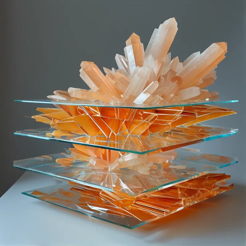 Pale crystal points burst upward through stacked sheets of clear glass that split and repeat their orange reflections.