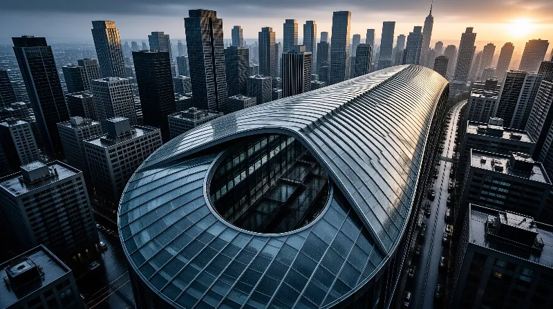 An aerial view shows a barrel shaped rooftop ring glowing with sunset light above dense downtown high rises.