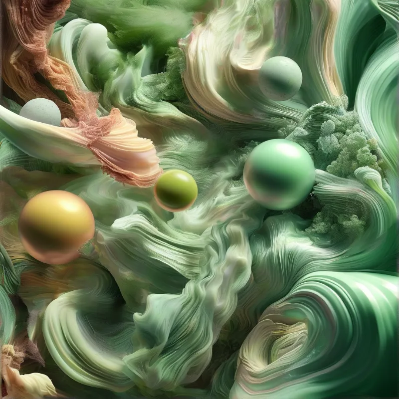 Glossy spheres in gold and green drift through a dreamlike landscape of swirling mint fluid and soft textured waves.