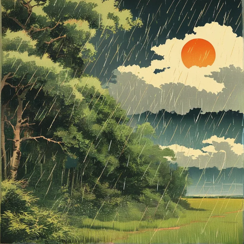 Diagonal rain streaks sweep over dense green woodland and a pale meadow beneath a bold orange sun.