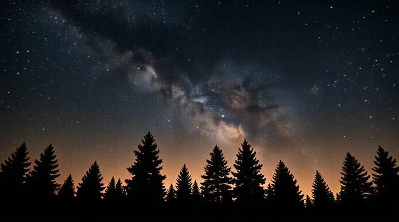 A dense band of stars stretches across a dark blue sky above the sharp black outlines of tall evergreen trees.