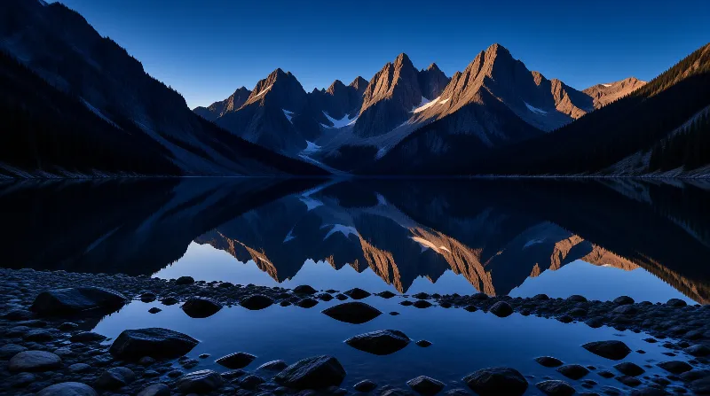 A range of jagged mountain peaks is illuminated by warm golden light while the surrounding valleys remain in deep blue shadow, creating a perfect mirror reflection on the surface of the calm lake below.